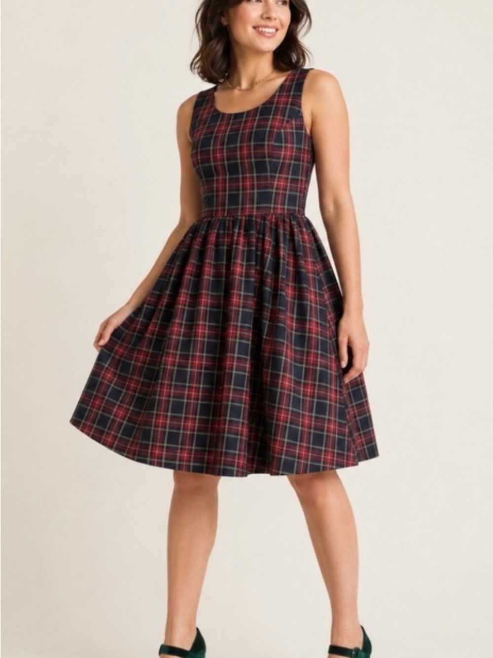 ModCloth Sleeveless Red and Navy Plaid Fit & Flare Dress